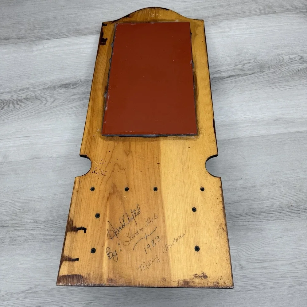 Vintage Wood Wall Shelf Mirror Inlay Display Shelf Pegs Handmade 1983 Folk Art
